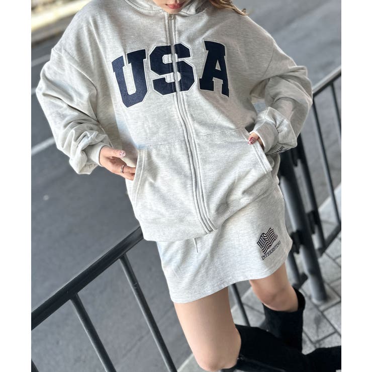 USAロゴ×星条旗袖刺繍》裏毛ZIPパーカー／秋冬春 セットアップ可