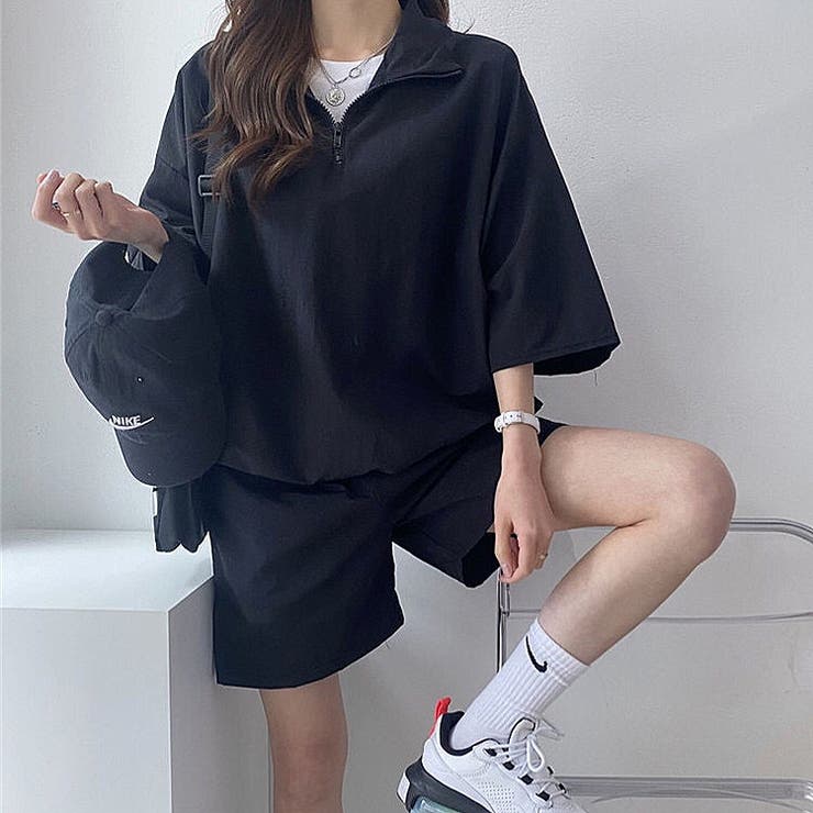 セットアップ】スタンドハーフジップトップス×ハーフパンツSET 春 夏