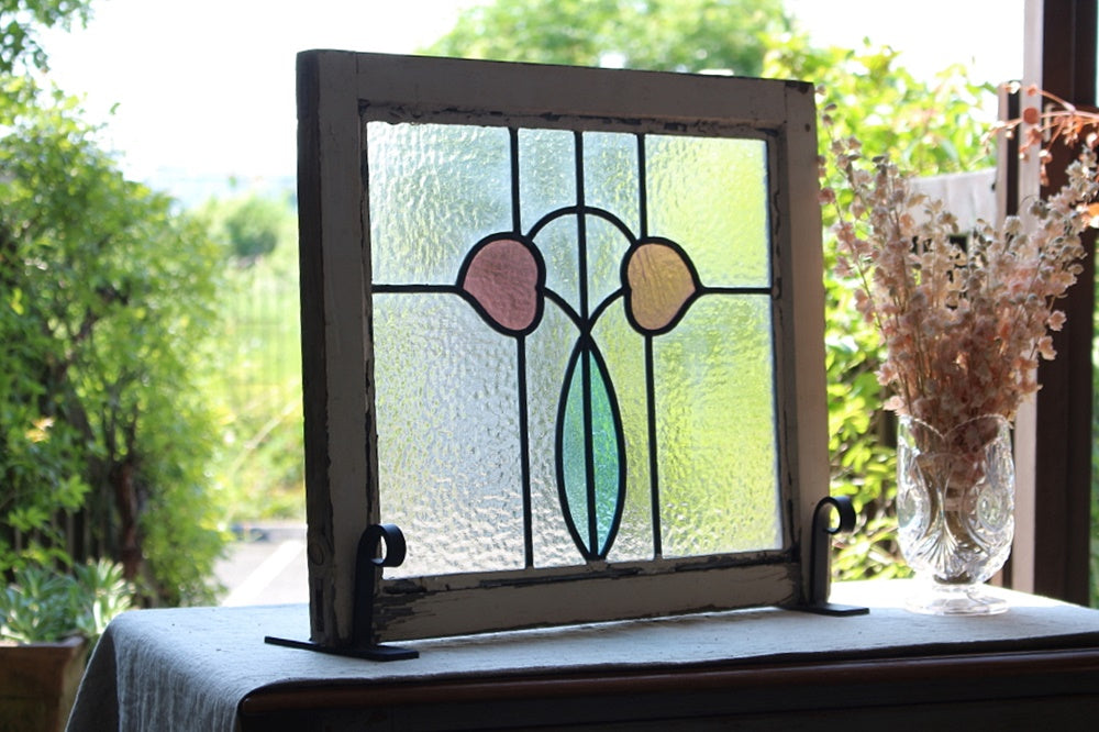 ハートの花のステンドグラス イギリスアンティーク 53.5cm×46.5cm