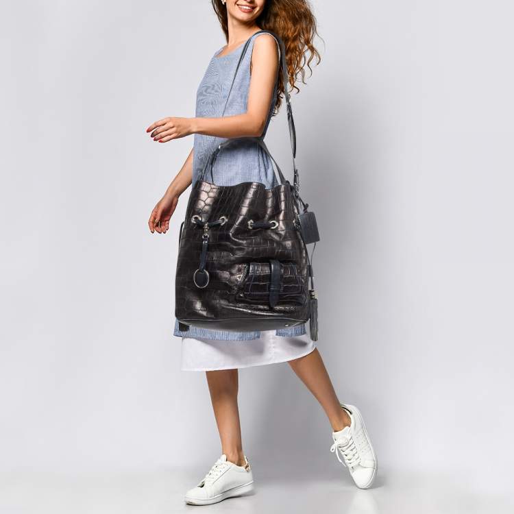 Lancel Metallic/Navy Blue Croc Embossed Leather Large Premier