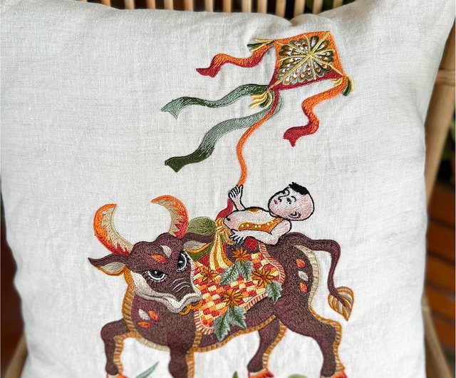 送料無料 20%OFF】ベトナム 手刺繍リネンクッションカバー：ベトナム