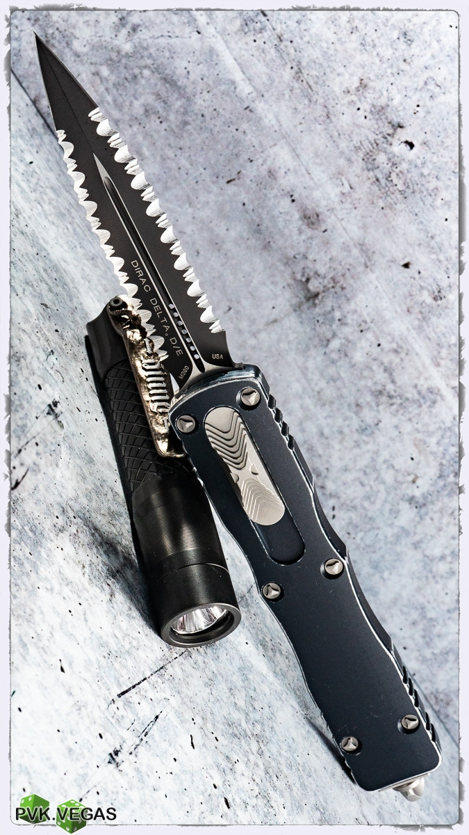 Microtech Dirac Delta 227-D3DBK Double Full Serrated Distressed