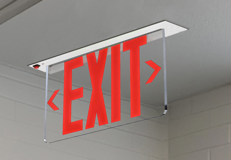 White Recessed LED Exit Sign – Clear Panel, Red Letters