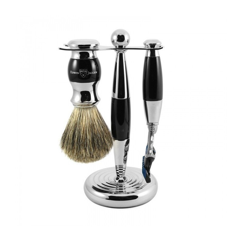 Edwin Jagger Ebony Mach 3 Shaving Set w/ Synthetic Brush - Mens