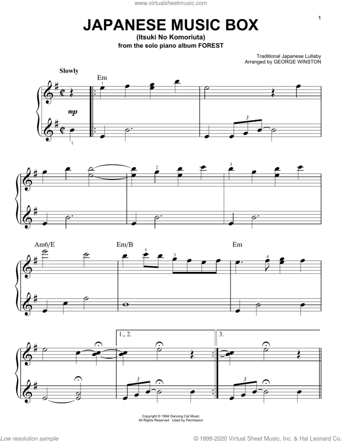 Japanese Music Box (Itsuki No Komoriuta), (easy) sheet music for