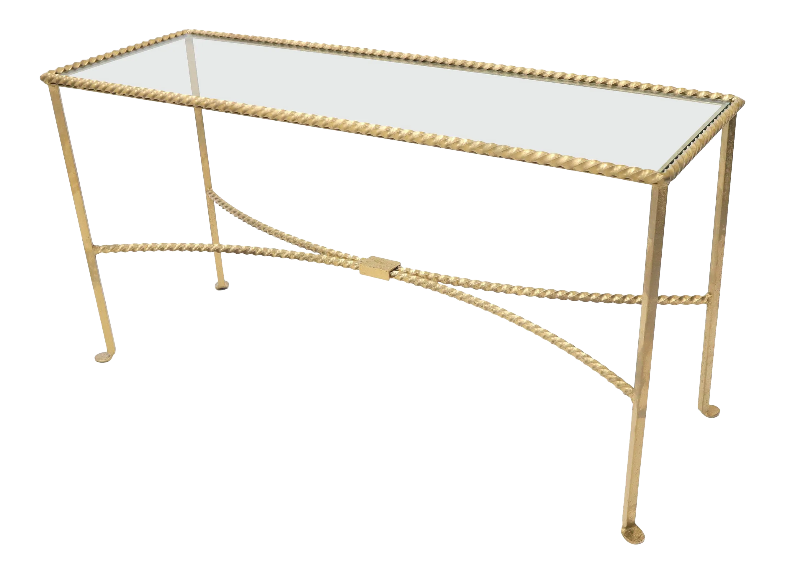 Twisted Rope Forged Gold Finish Glass Top Console Table | Chairish