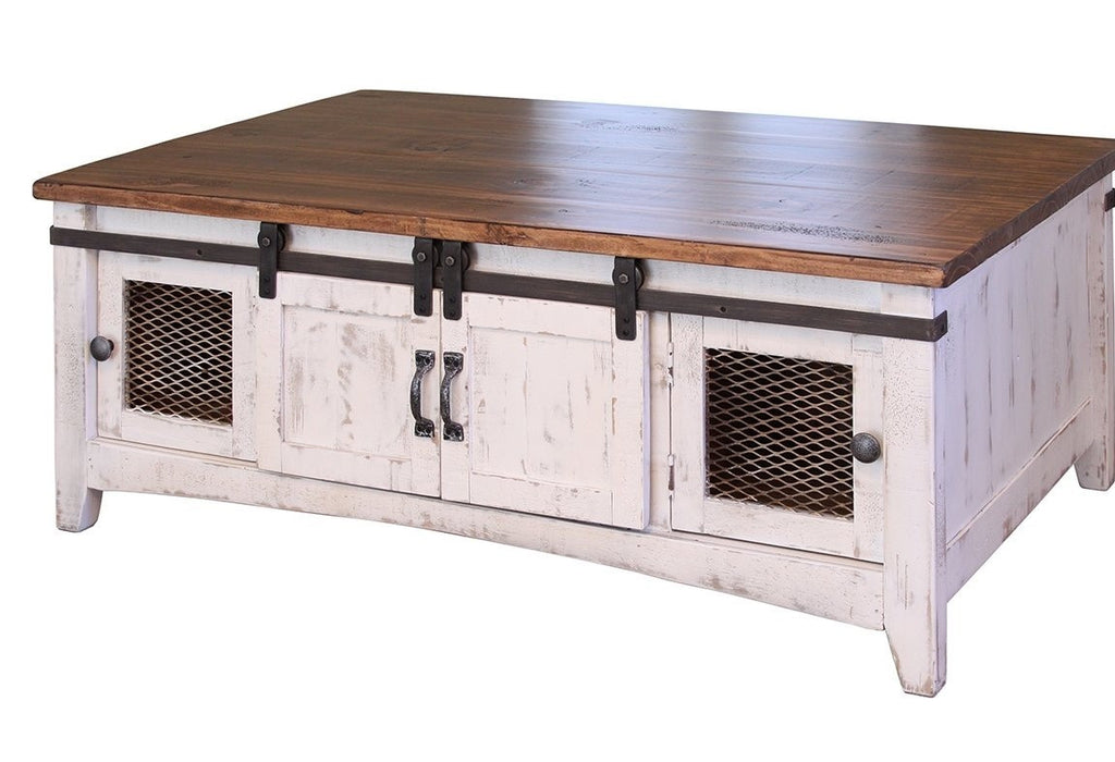 Distressed White Coffee Table Solid Wood Industrial Farmhouse