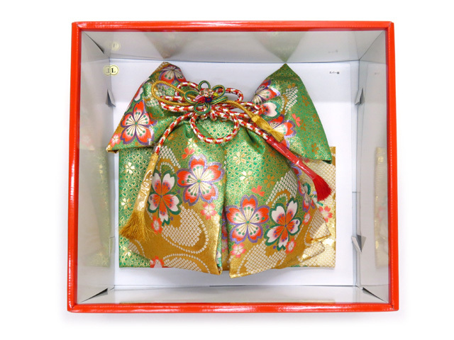 結び帯 七五三 7歳 女の子 金襴生地の作り帯 単品【緑×金、桜】
