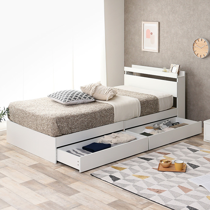 g99037]【セミダブル】Pluto 収納付きベッド(ボンネルマットレス付き