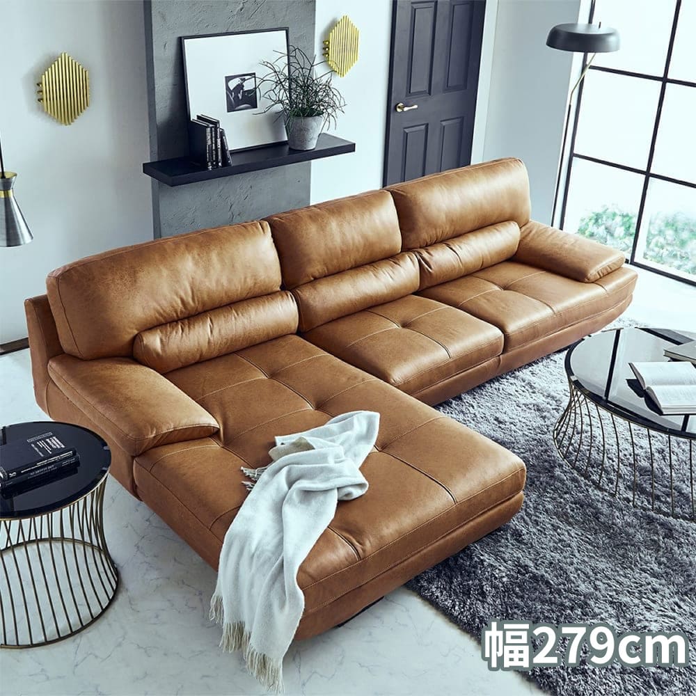 レザーテックス】 シェーズロングソファ トレビソ Rタイプ (キャメル