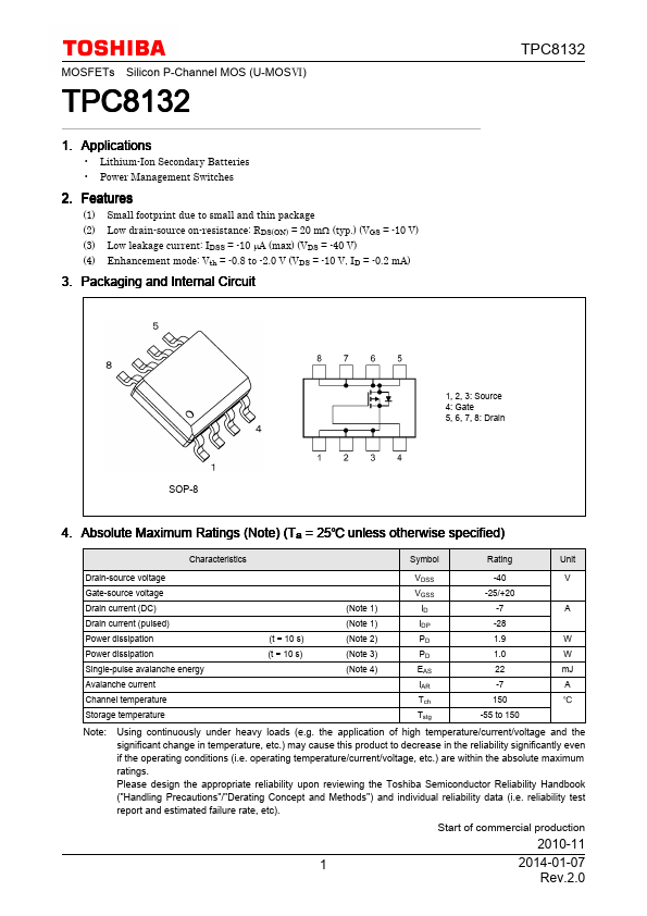 TPC8132 Datasheet (Silicon P-Channel MOSFET) | Toshiba