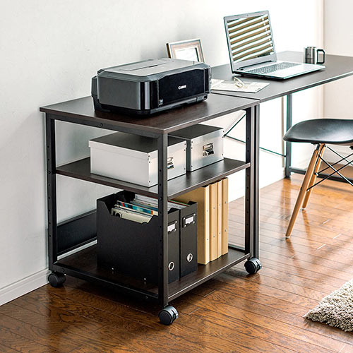 プリンター台 3段 A3 大型 木製 キャスター付き 木目 ダークブラウン