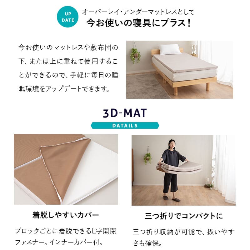 三つ折りマットレス シングル 3D構造体 高反発 ファイバー 丸洗い