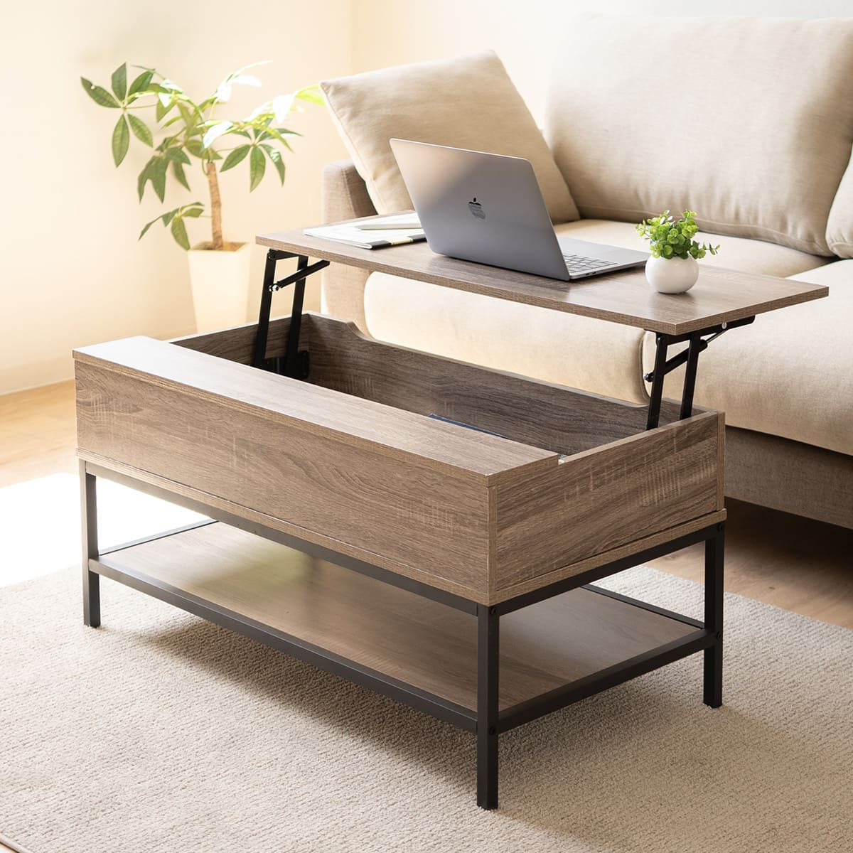 リフトアップテーブル 昇降式デスク 木製 幅90cm 収納機能付き｜寝具