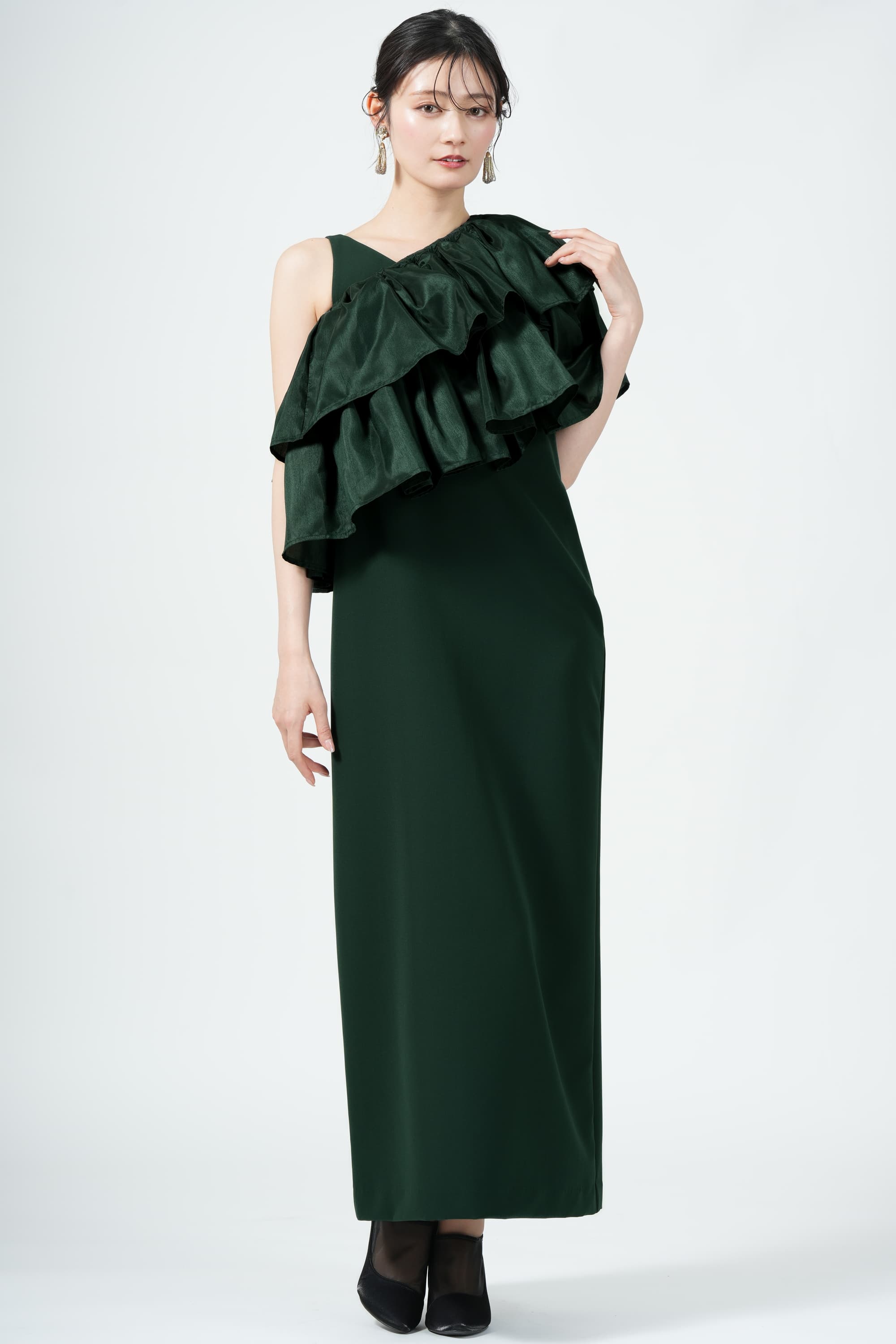 Ameri VINTAGE 光沢ティアードレイヤードグリーンドレス (M) を