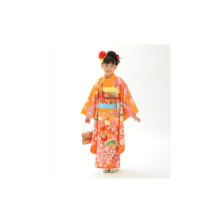 レンタル] 七五三/節句 着物セット 7歳女の子 可憐 大輪 オレンジの
