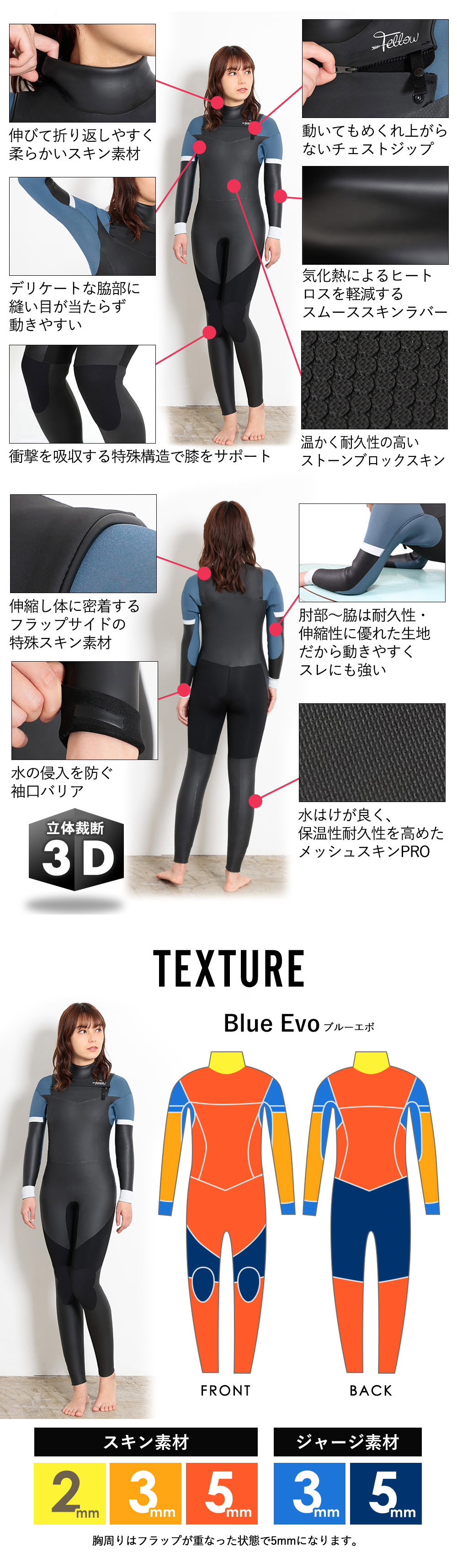 FELLOW レディース セミドライ チェストジップ 5x3mm S～LB 全1色