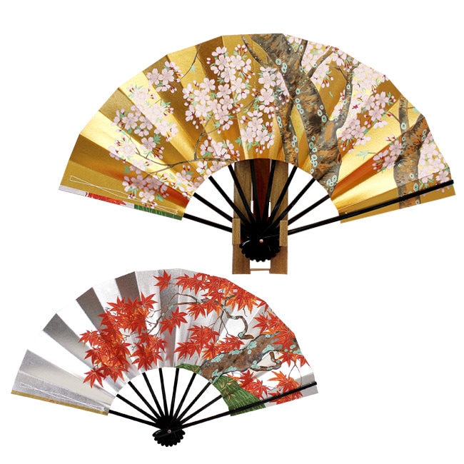 ☆【飾り扇子】高級金銀飾り扇子／桜と紅葉（飾り台付き）※名入れ不可