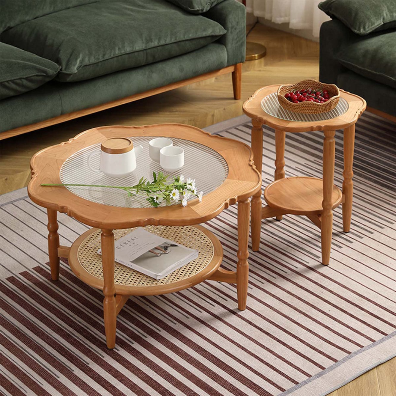 ヴィンテージ ラタン 籐 ガラステーブル ローテーブル 昭和レトロ