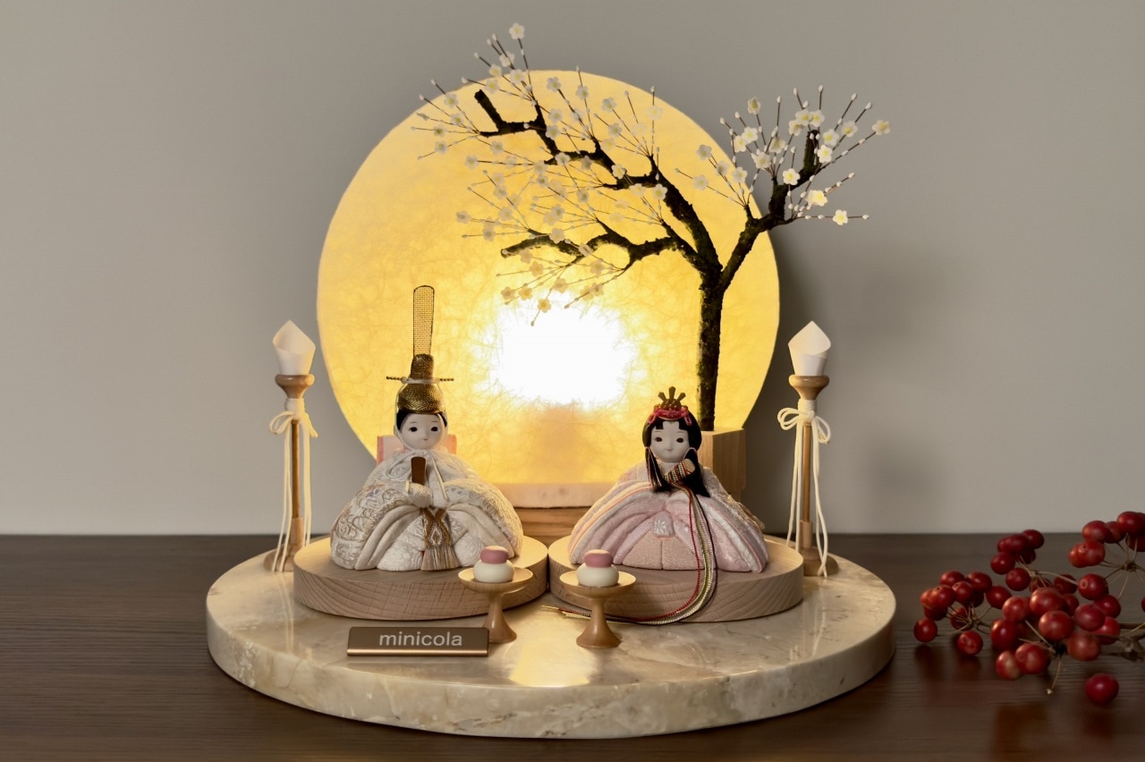rico萌亜（もあ）木目込み親王飾り雛人形 マーブル台 雪花丸型照明