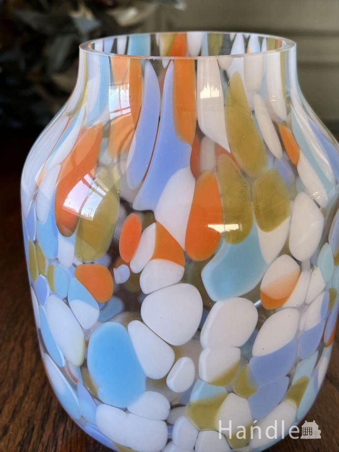 レトロな配色のガラスの花瓶、マーブルガラスのフラワーベース(n22-216