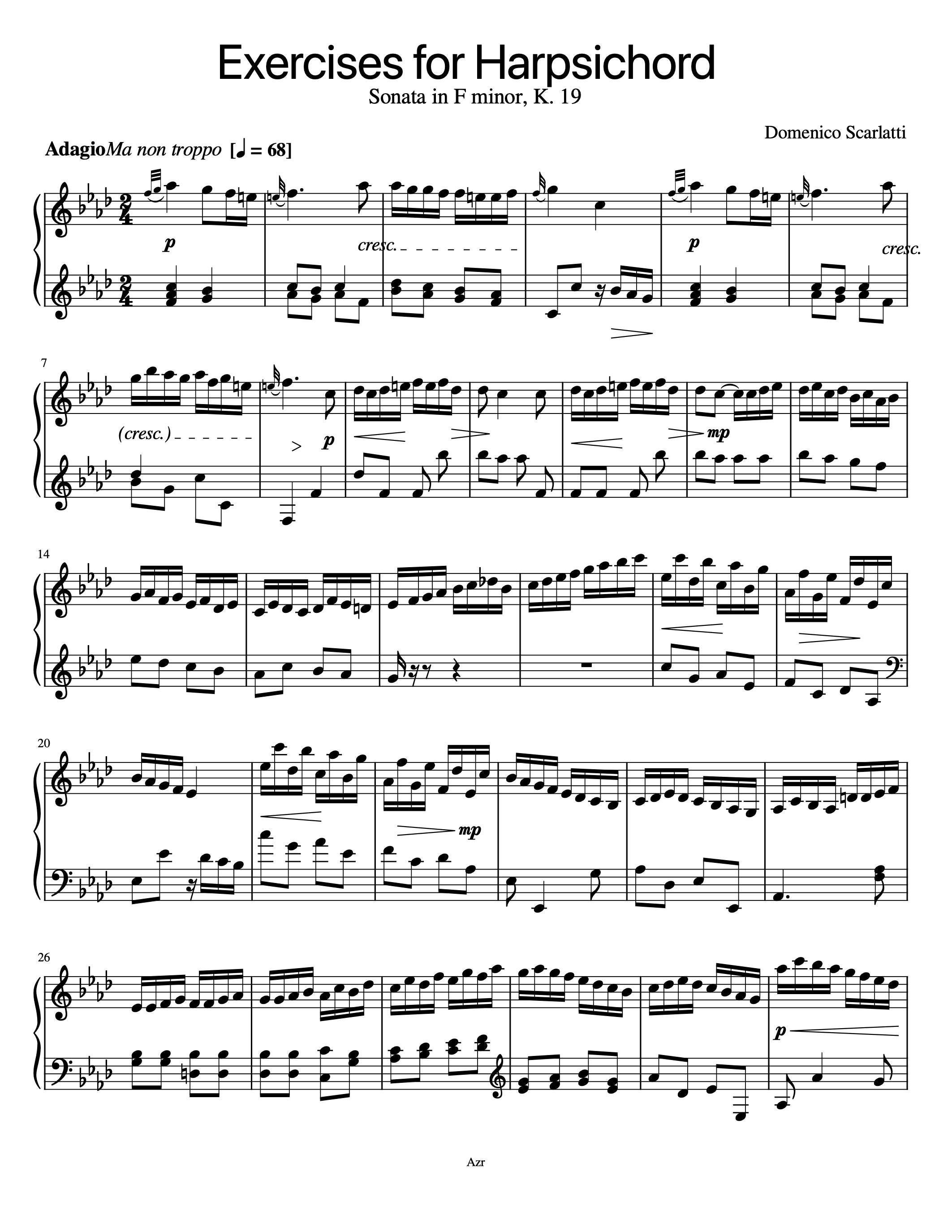 ピアノ楽譜 - チェンバロ練習曲 - ソナタ ヘ短調 - K. 19 - ドメニコ