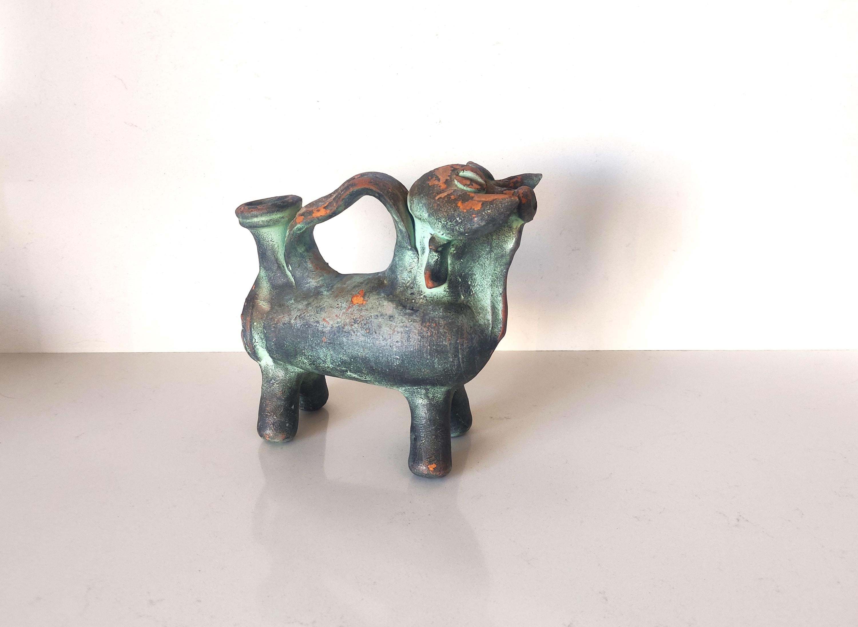 ヴィンテージ スペイン陶器製 雄牛のボティホ：動物の形をした水瓶