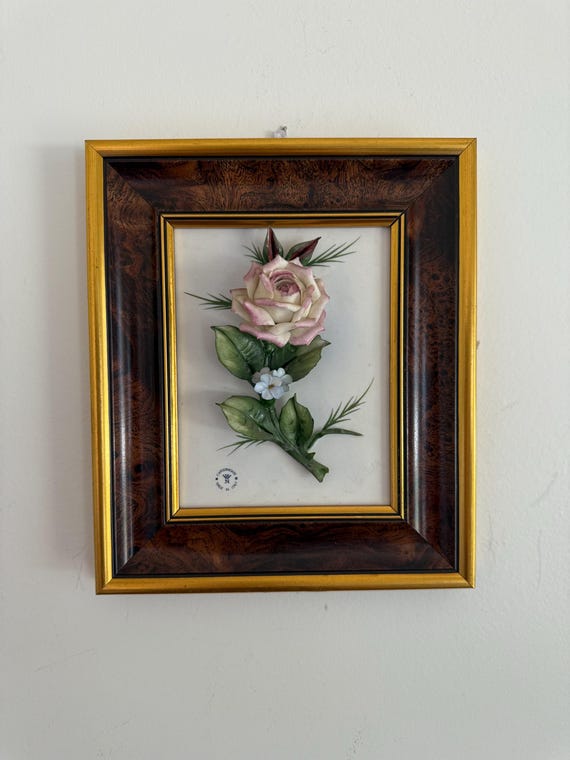 Vintage Capodimonte Signed 3D Porcelain Flowers Framed Wall Plaque