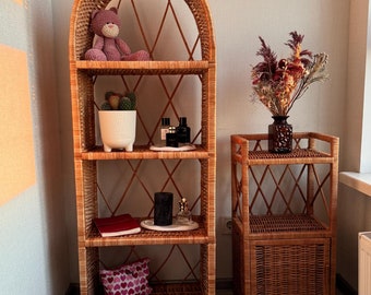 アーチ型籐本棚、ラタン本棚、植物スタンド、ボヘミアン家具、アーチ型