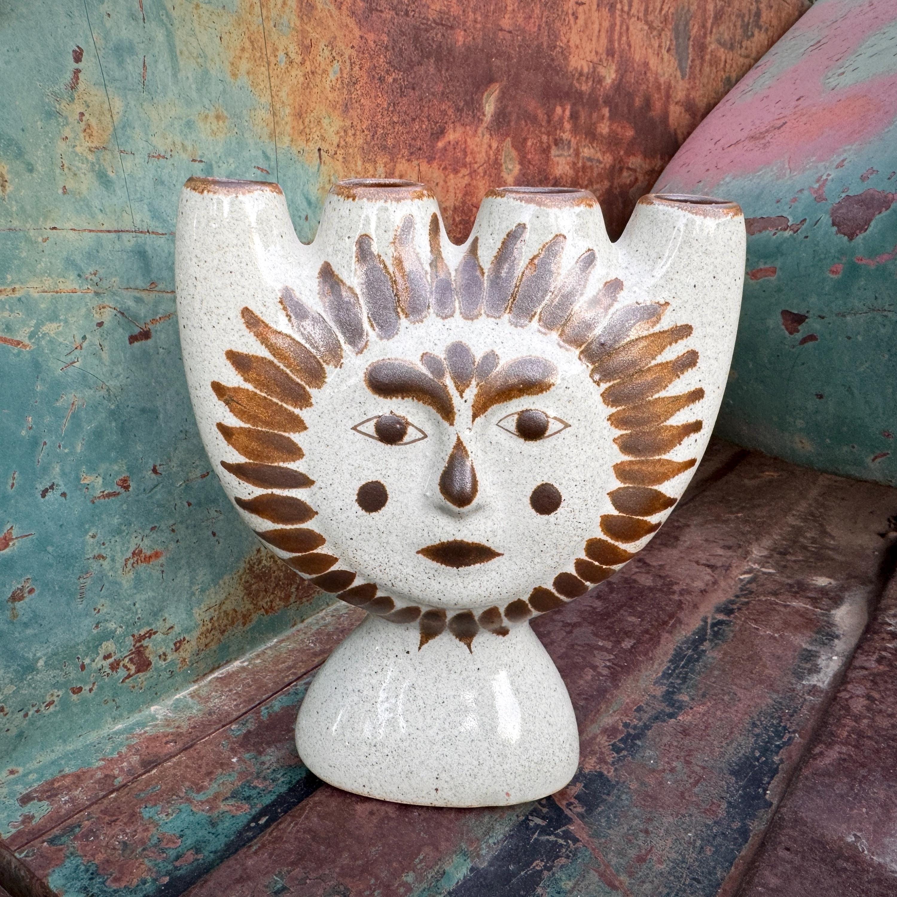 Midcentury Tonala Pottery Sun Face Candelabra in Jorge Wilmot