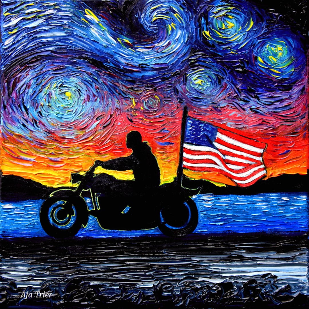 Motorcycle Art Print Starry Night Patriotic American Flag Artwork
