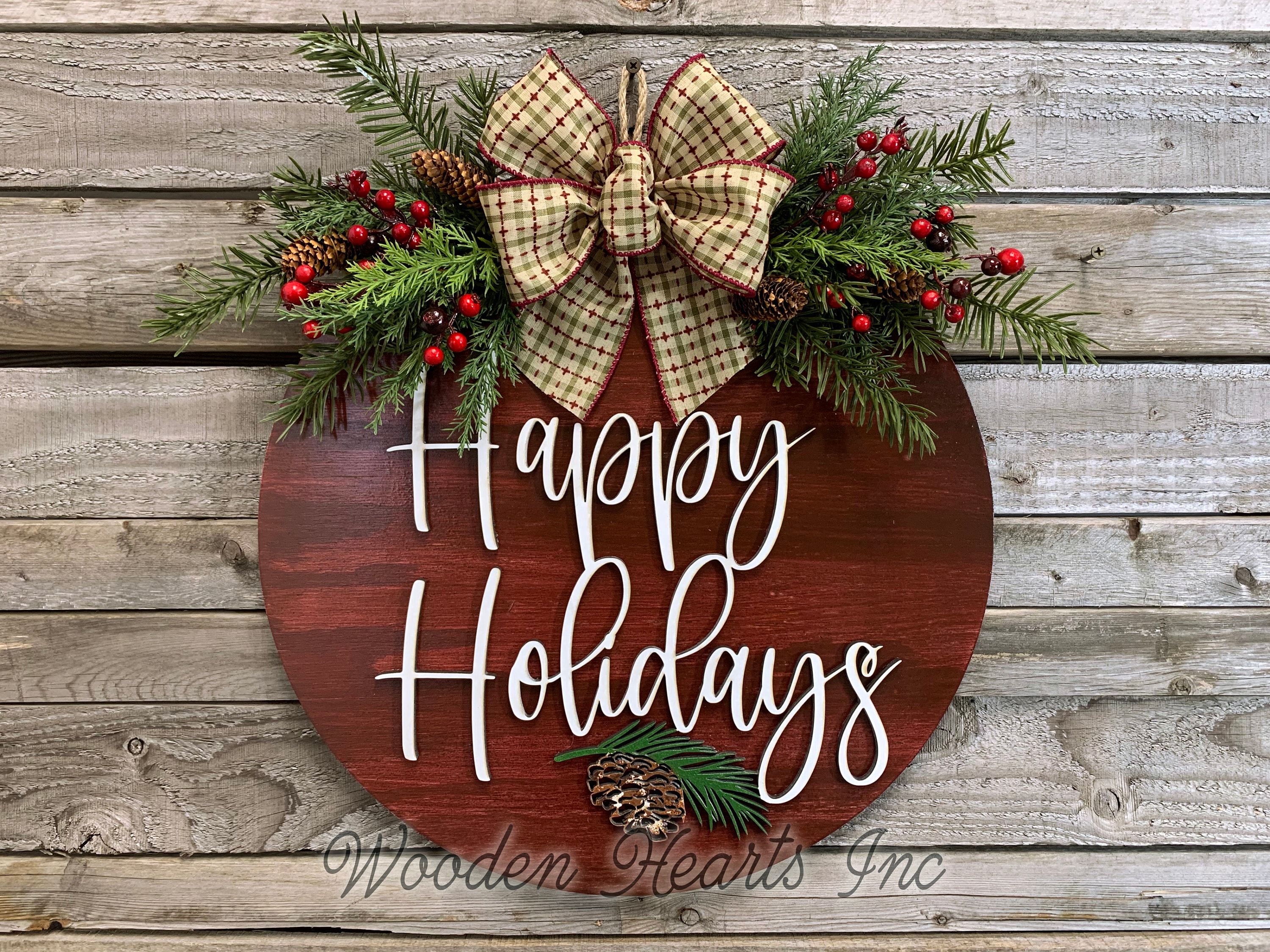 Happy Holidays Wood Door Hanger, 3D Lettering Pinecone Wreath, 16