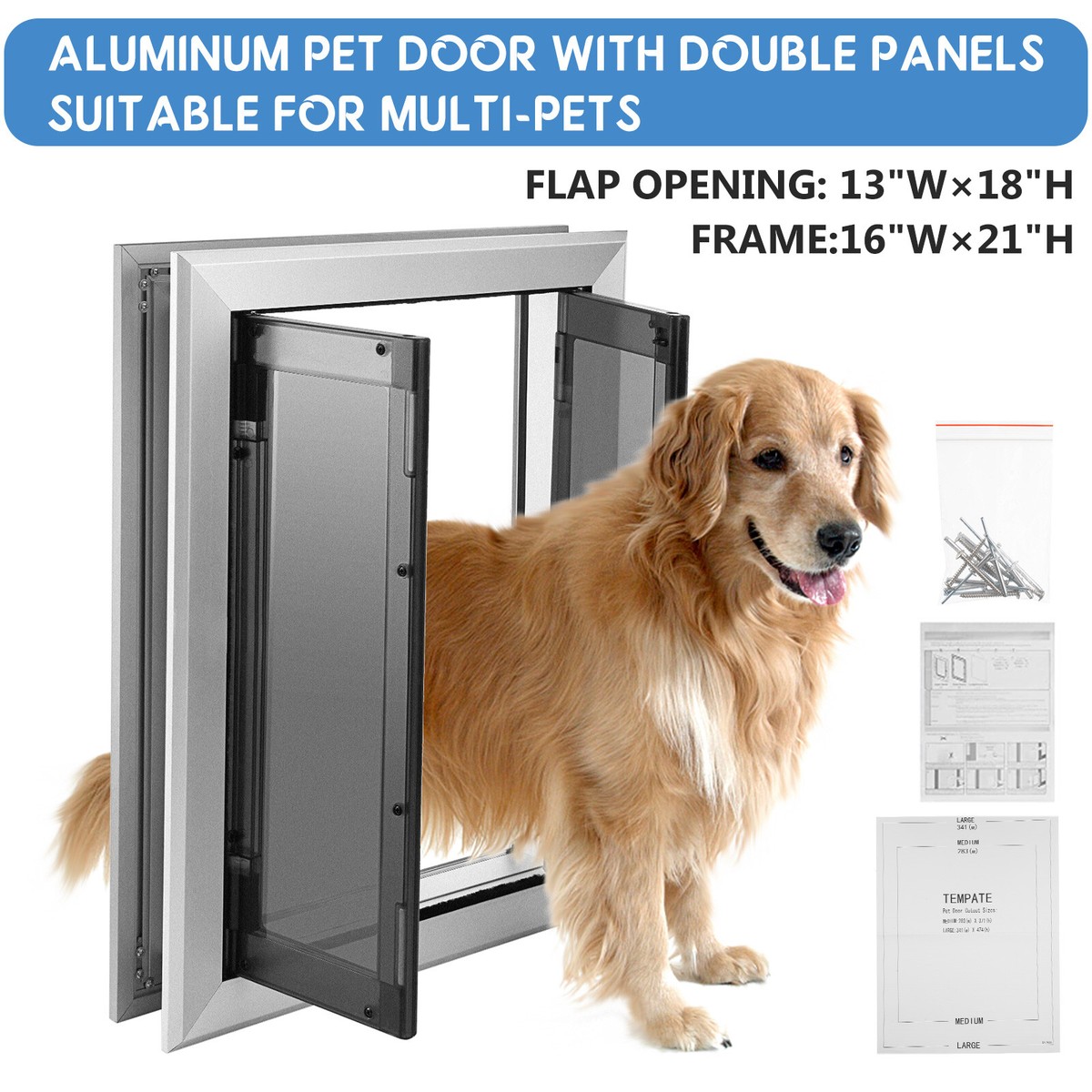 16'' x 21'' Extra Large Dog Door Aluminum Pet Door Double Panels