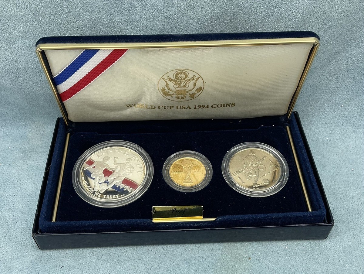 1994 World Cup Proof 3-Coins Set-Gold $5, Silver $1 & $.50 Commem