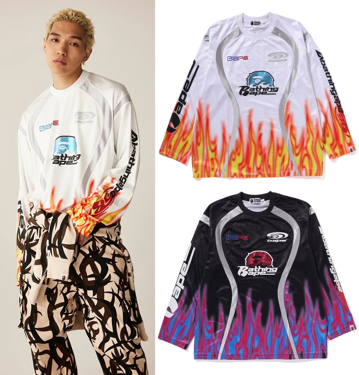A BATHNIG APE Men's FLAME PATTERN MULTI LOGO RELAXED FIT FOOTBALL