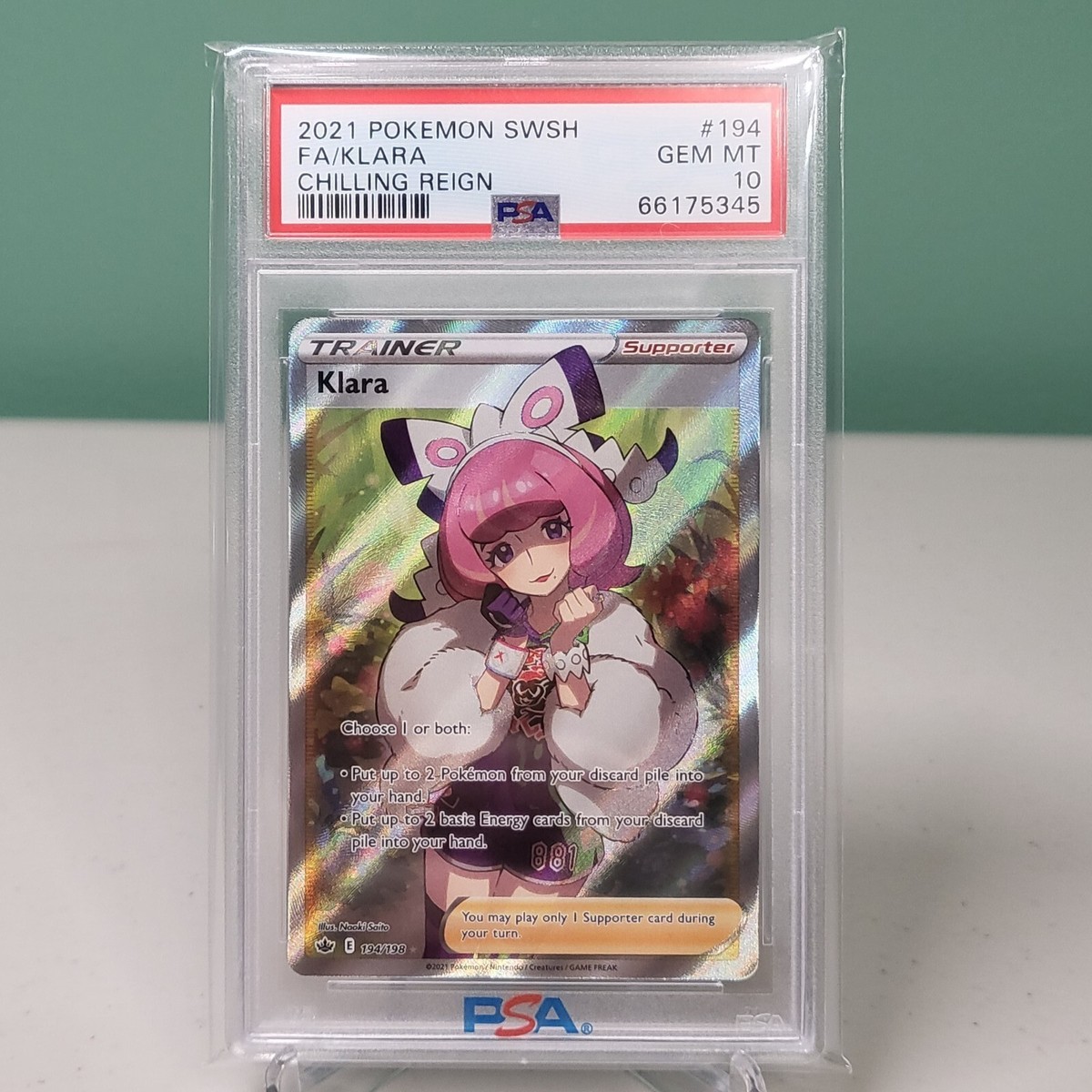 PSA 10 KLARA 194/198 Chilling Reign Pokemon 2021 Full Art Trainer