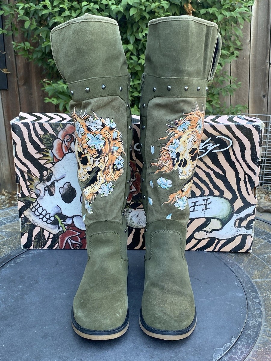 Vintage Ed Hardy Green Suede Skull Studded Y2K Boots Women's Size