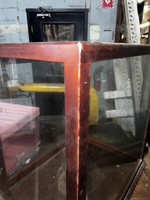 vintage antique counter top glass display case mahogany 19” d x 25