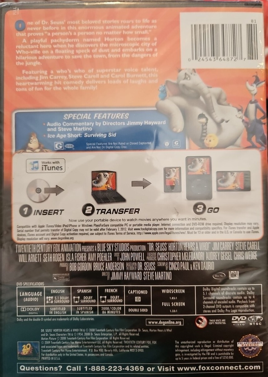Dr Seuss' Horton Hears a Who 2 Disc Set DVD & Digital copy Movie G