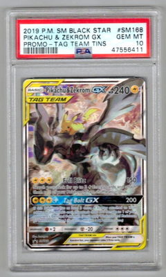 Pokemon Card PSA 10 Gem Mint Pikachu & Zekrom GX SM168 Tag Team