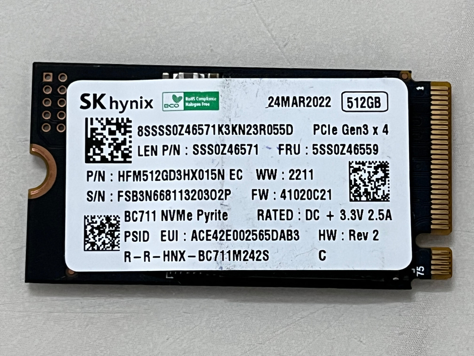 Sk Hynix 512GB SSD BC711 NVMe PyritM.2 2242 PCIe Gen3x4