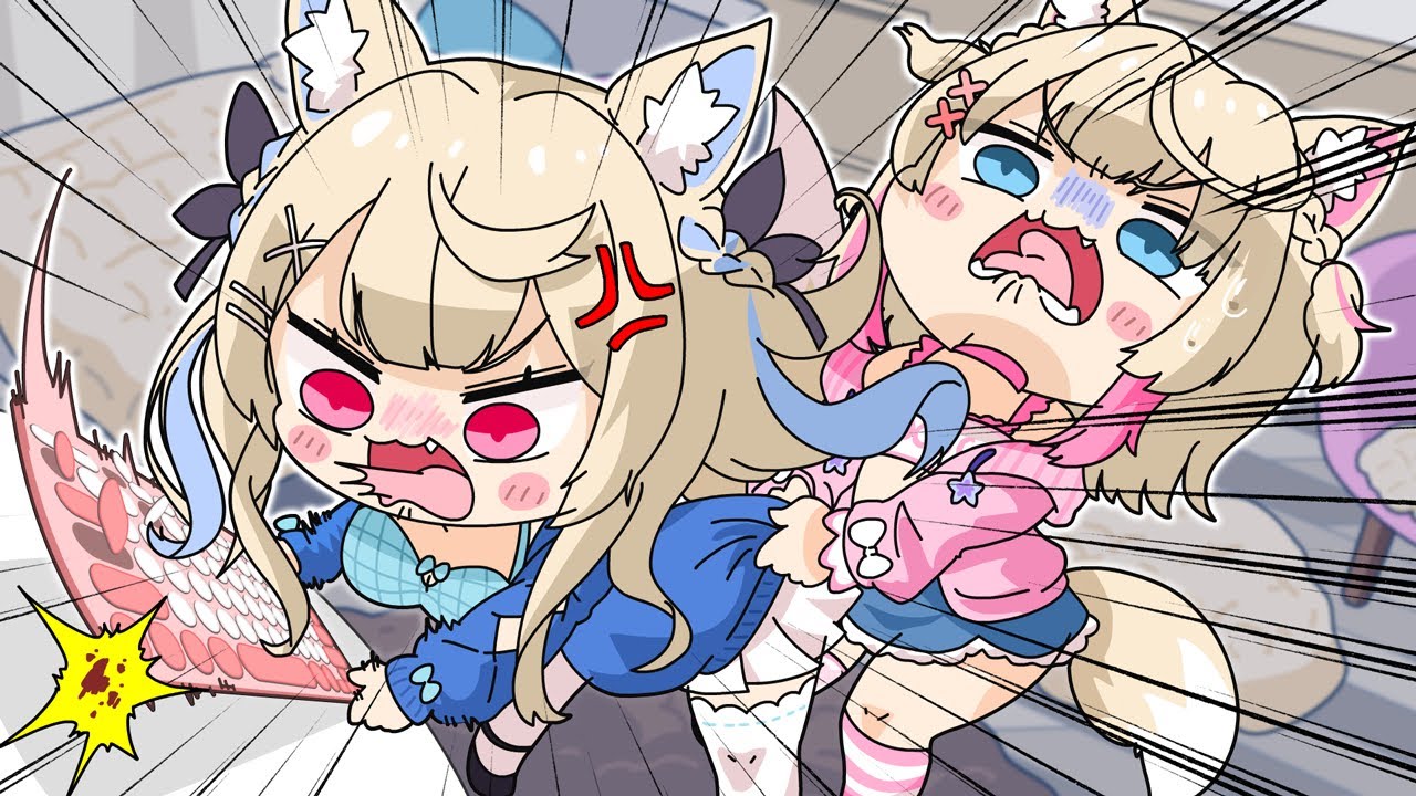 Fuwawa Abyssgard crushes the keyboard and Mococo's heart.[Animated