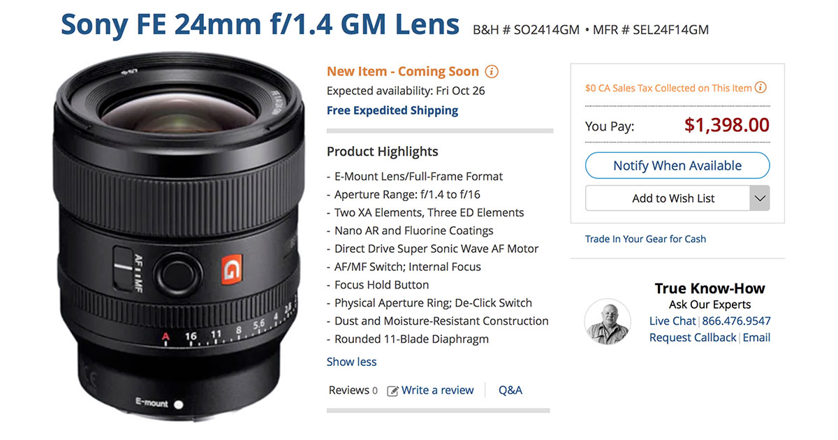 Sony FE 24mm F1.4 GM Lens Available for Pre-Order Now!