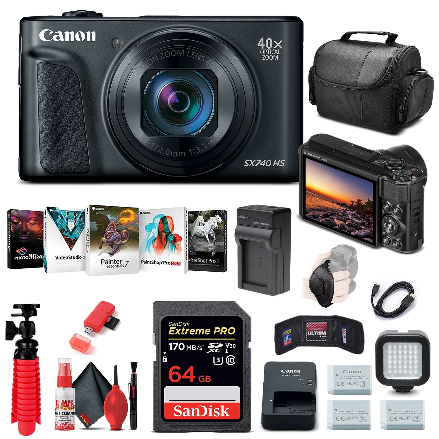 Canon PowerShot SX740 HS Camera, 64GB, 2 x NB13L Batteries, Corel