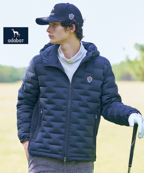 セール】 【新レーベル ADABAT NAVY】フードロゴストレッチダウン