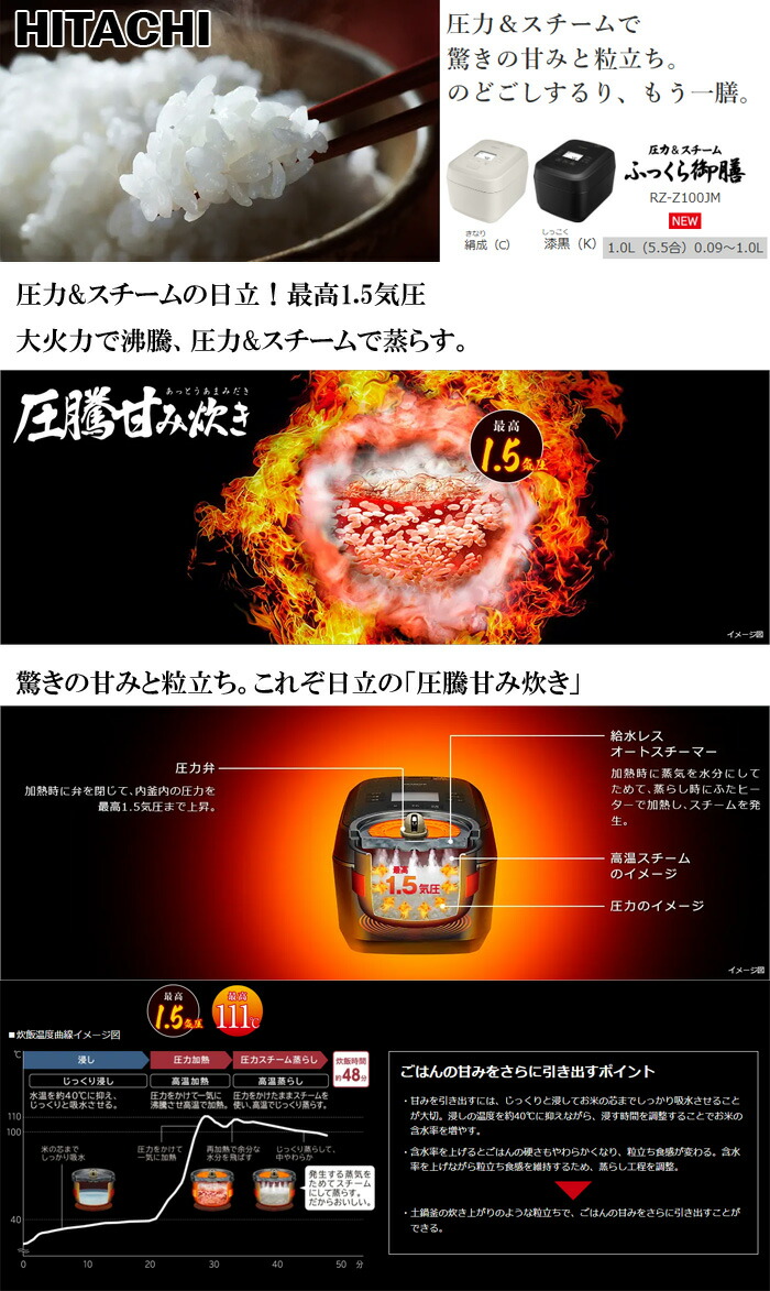 楽天市場】日立 RZ-Z100JM 圧力&スチーム IH炊飯器 ふっくら御膳 5.5合