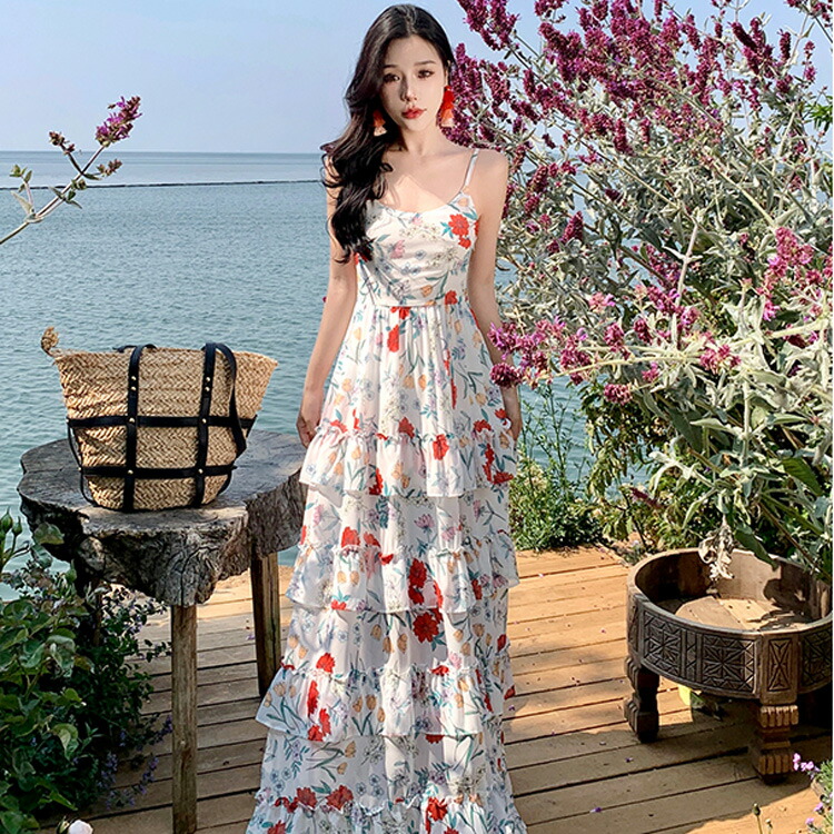 楽天市場】リゾートワンピ 花柄 フリル 花柄ワンピ キャミワンピ