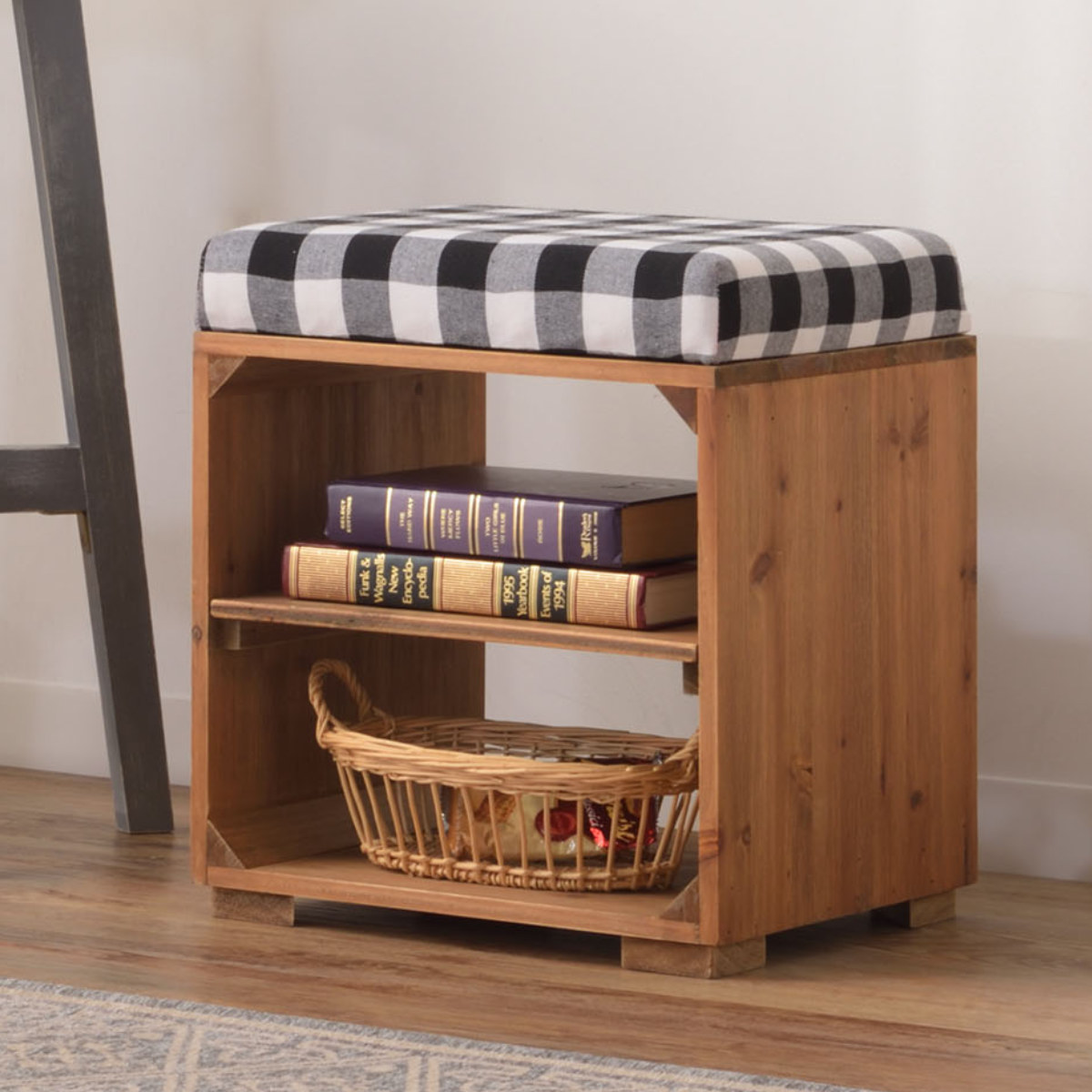 楽天市場】スツール 木製 収納付 ラックスツール ギンガムチェック