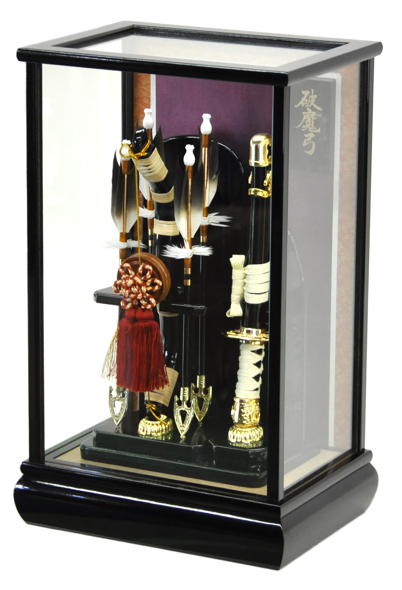 破魔弓ケース入り飾りセット【A1351】 重厚感ある黒塗り木製ガラス