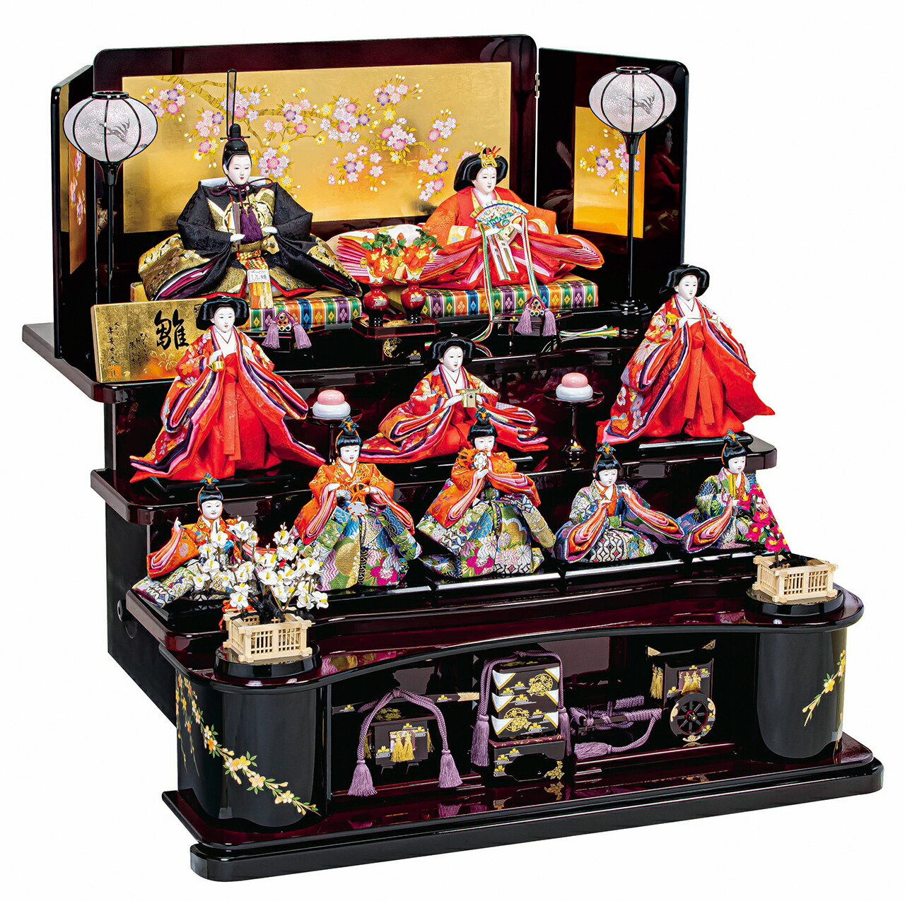 雛人形三段五人飾りセット【A3569】 細部にまでこだわった豪華な刺繍が